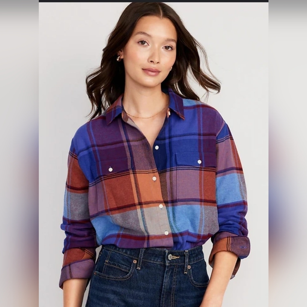 Old Navy - Loose Flannel Boyfriend Plaid Shirt Sz- L